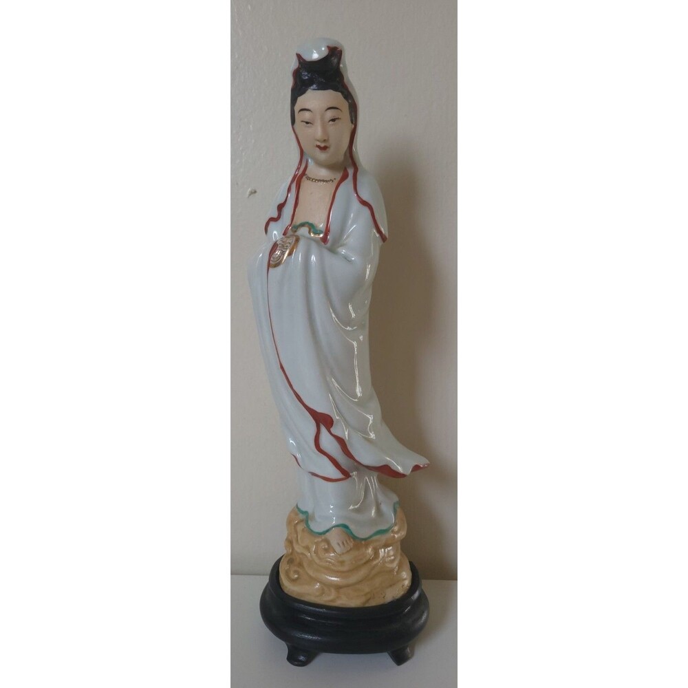 Guan Yin Kuan Yin Hand Painted Ceramic/Porcelain Statue Mid 20th Century + Stand
